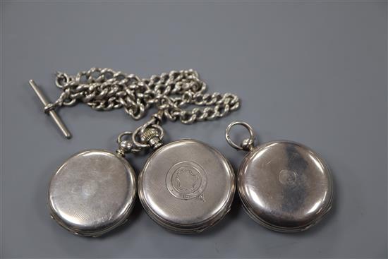 An Edwardian silver pocket watch, retailed by Yabsley, London, on a silver albert and two other pocket watches